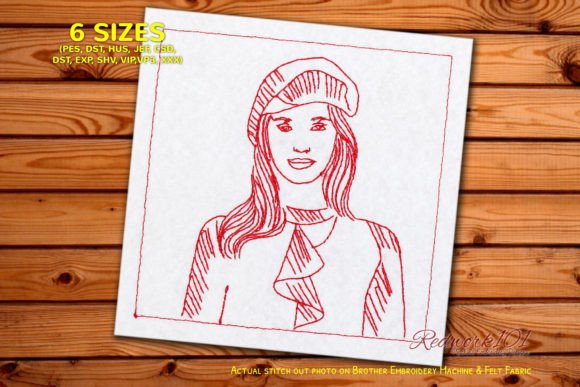 Gorgeous Girl in Vintage Hat Redwork